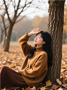 穿着棕色羊毛衣坐在树下的美女图片